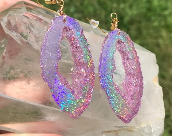 Pink  Holographic Geode Earrings/Agate Geo Druzy Lightweight Statement Dangle Iridescent Rainbow Sparkle Handmade Unique Boho Festival