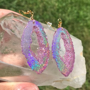 Pink  Holographic Geode Earrings/Agate Geo Druzy Lightweight Statement Dangle Iridescent Rainbow Sparkle Handmade Unique Boho Festival