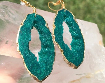 Emerald Green Geode Inspired Earrings/Lightweight Statement Earrings/Dangle/Agate Druzy Geo/Boho Unique Handmade Festival