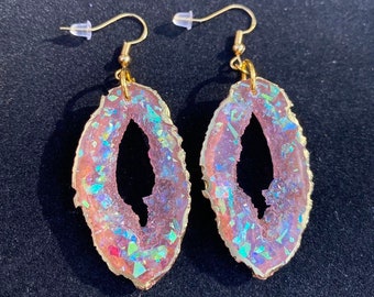 Pink Opal Geode Earrings/Agate Geo Druzy Lightweight Statement Dangle Iridescent Rainbow Sparkle Handmade Unique Boho Festival