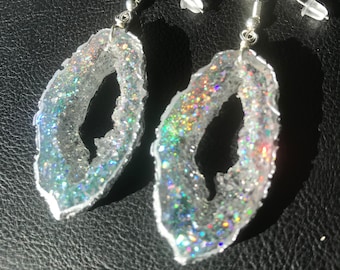 Opal Inspired Holographic Geode Earrings/Agate Geo Druzy Lightweight Statement Dangle Iridescent Sparkle Handmade Unique Boho Festival