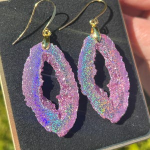 Pink Holographic Geode Inspired Earrings/Agate Druzy Lightweight Statement Dangle Iridescent Rainbow Sparkle Handmade Unique Boho Festival
