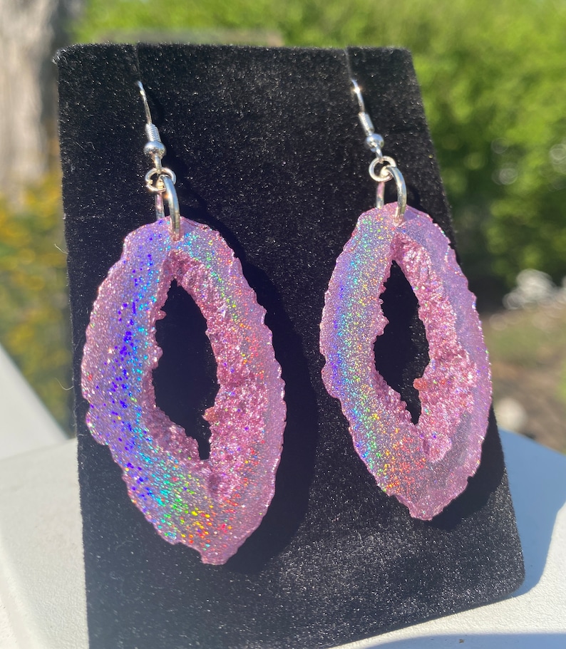 Pink Holographic Geode Earrings/Agate Geo Druzy Lightweight Statement Dangle Iridescent Rainbow Sparkle Handmade Unique Boho Festival image 4