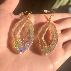 Gold Holographic Geode Earrings/Agate Geo Druzy Lightweight Statement Dangle Iridescent Rainbow Sparkle Handmade Unique Boho Festival image 5