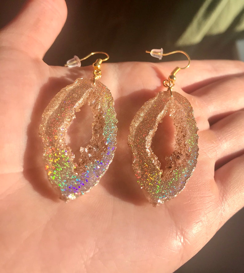 Gold Holographic Geode Earrings/Agate Geo Druzy Lightweight Statement Dangle Iridescent Rainbow Sparkle Handmade Unique Boho Festival image 5