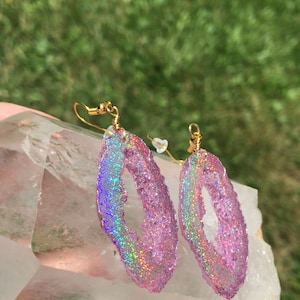 Pink Holographic Geode Earrings/Agate Geo Druzy Lightweight Statement Dangle Iridescent Rainbow Sparkle Handmade Unique Boho Festival image 2