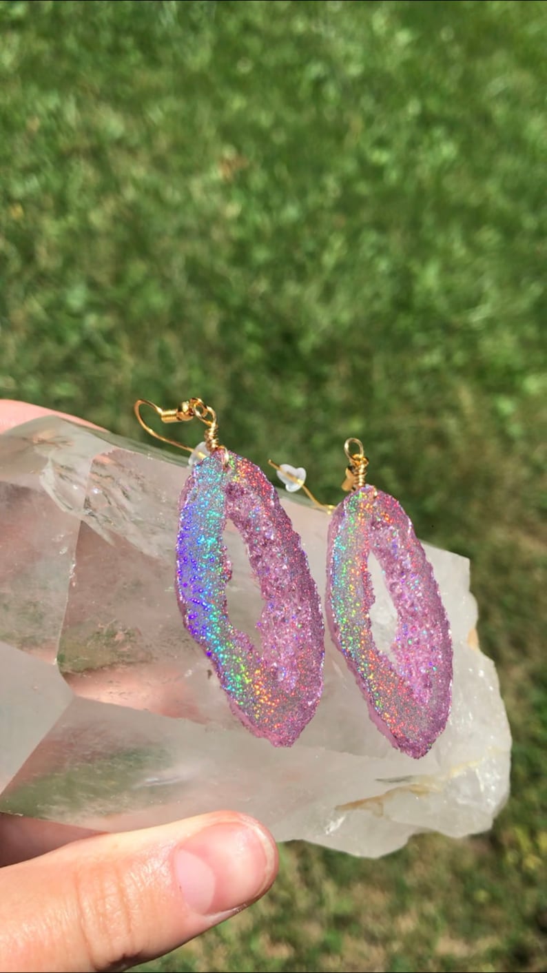 Pink Holographic Geode Earrings/Agate Geo Druzy Lightweight Statement Dangle Iridescent Rainbow Sparkle Handmade Unique Boho Festival image 2