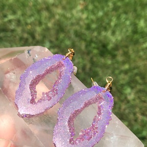 Pink Holographic Geode Earrings/Agate Geo Druzy Lightweight Statement Dangle Iridescent Rainbow Sparkle Handmade Unique Boho Festival image 8