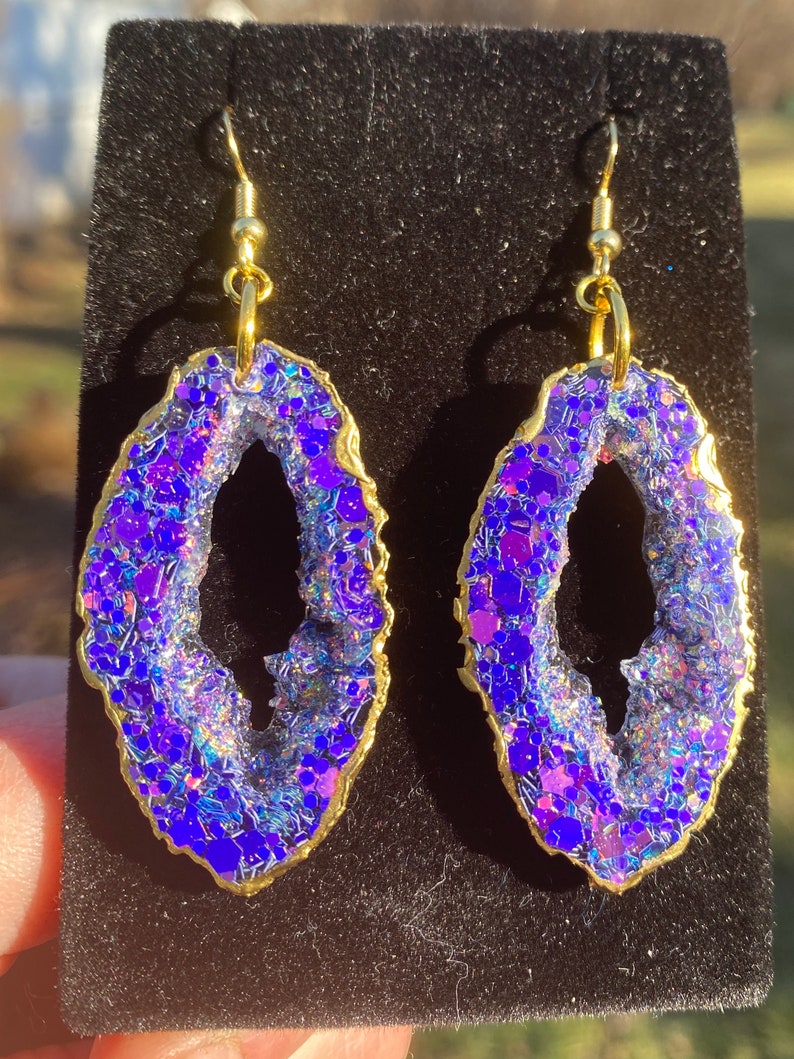 Purple/Pink Colorshift Geode Earrings/Agate Geo Druzy Lightweight Statement Earrings/Iridescent Dangle Rainbow Sparkle Handmade Festival image 5