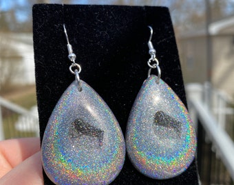 Larger Silver Teardrop Holographic Geode Earrings/Agate Geo Druzy Lightweight Statement Dangle Iridescent Sparkle Handmade Unique  Festival