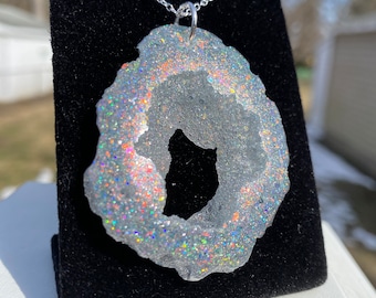 Opal Geode Pendant/Agate Geo Druzy Statement Jewelry/Iridescent Intense Rainbow Sparkle/Unique Festival Boho Handmade Resin