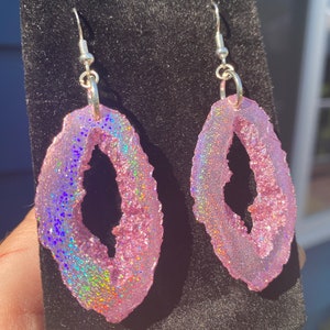 Pink Holographic Geode Earrings/Agate Geo Druzy Lightweight Statement Dangle Iridescent Rainbow Sparkle Handmade Unique Boho Festival image 7