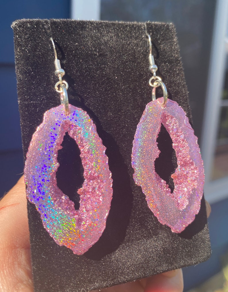 Pink Holographic Geode Earrings/Agate Geo Druzy Lightweight Statement Dangle Iridescent Rainbow Sparkle Handmade Unique Boho Festival image 7