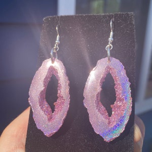 Pink Holographic Geode Earrings/Agate Geo Druzy Lightweight Statement Dangle Iridescent Rainbow Sparkle Handmade Unique Boho Festival image 9