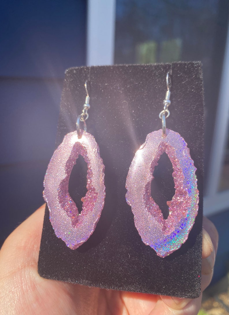 Pink Holographic Geode Earrings/Agate Geo Druzy Lightweight Statement Dangle Iridescent Rainbow Sparkle Handmade Unique Boho Festival image 9