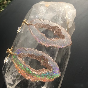 Gold Holographic Geode Earrings/Agate Geo Druzy Lightweight Statement Dangle Iridescent Rainbow Sparkle Handmade Unique Boho Festival image 6