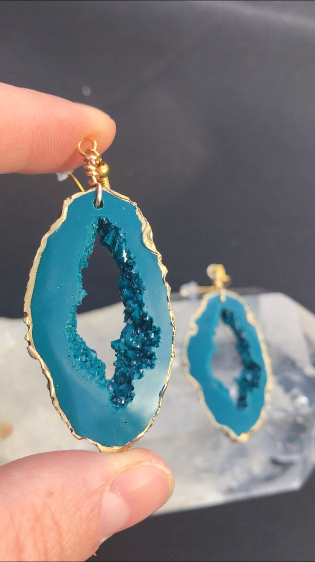 Geode Earrings Made With Resin-teal With Gold - Etsy