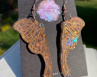 Rose Gold Moth/Fairy Wing Earrings Fae Boho Mystical Festival Iridescent Rainbow Unique Handmade Statement Bejeweled Holographic