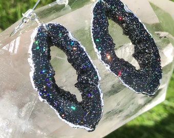 Lightweight Black Holographic Geode Inspired Earrings