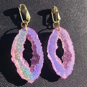 Gold Holographic Geode Earrings/Agate Geo Druzy Lightweight Statement Dangle Iridescent Rainbow Sparkle Handmade Unique Boho Festival image 7