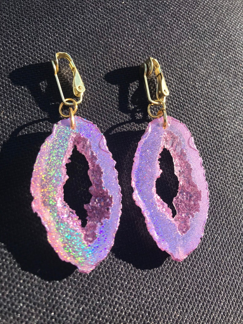 Gold Holographic Geode Earrings/Agate Geo Druzy Lightweight Statement Dangle Iridescent Rainbow Sparkle Handmade Unique Boho Festival image 7