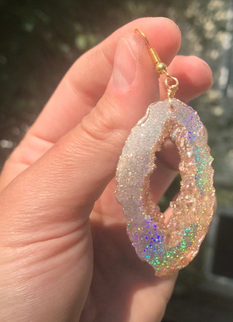 Gold Holographic Geode Earrings/Agate Geo Druzy Lightweight Statement Dangle Iridescent Rainbow Sparkle Handmade Unique Boho Festival image 4