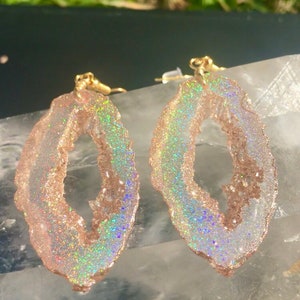 Gold Holographic Geode Earrings/Agate Geo Druzy Lightweight Statement Dangle Iridescent Rainbow Sparkle Handmade Unique Boho Festival image 2