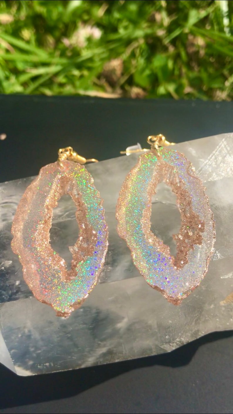 Gold Holographic Geode Earrings/Agate Geo Druzy Lightweight Statement Dangle Iridescent Rainbow Sparkle Handmade Unique Boho Festival image 2