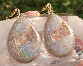 Gold Holographic Geode Earrings/Agate Geo Druzy Lightweight Statement Dangle Iridescent Rainbow Sparkle Handmade Unique Boho Festival