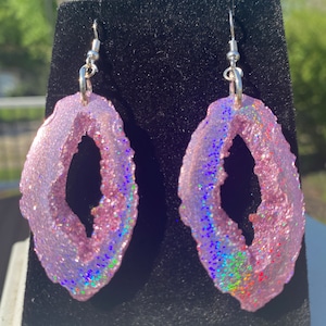 Pink Holographic Geode Earrings/Agate Geo Druzy Lightweight Statement Dangle Iridescent Rainbow Sparkle Handmade Unique Boho Festival image 5