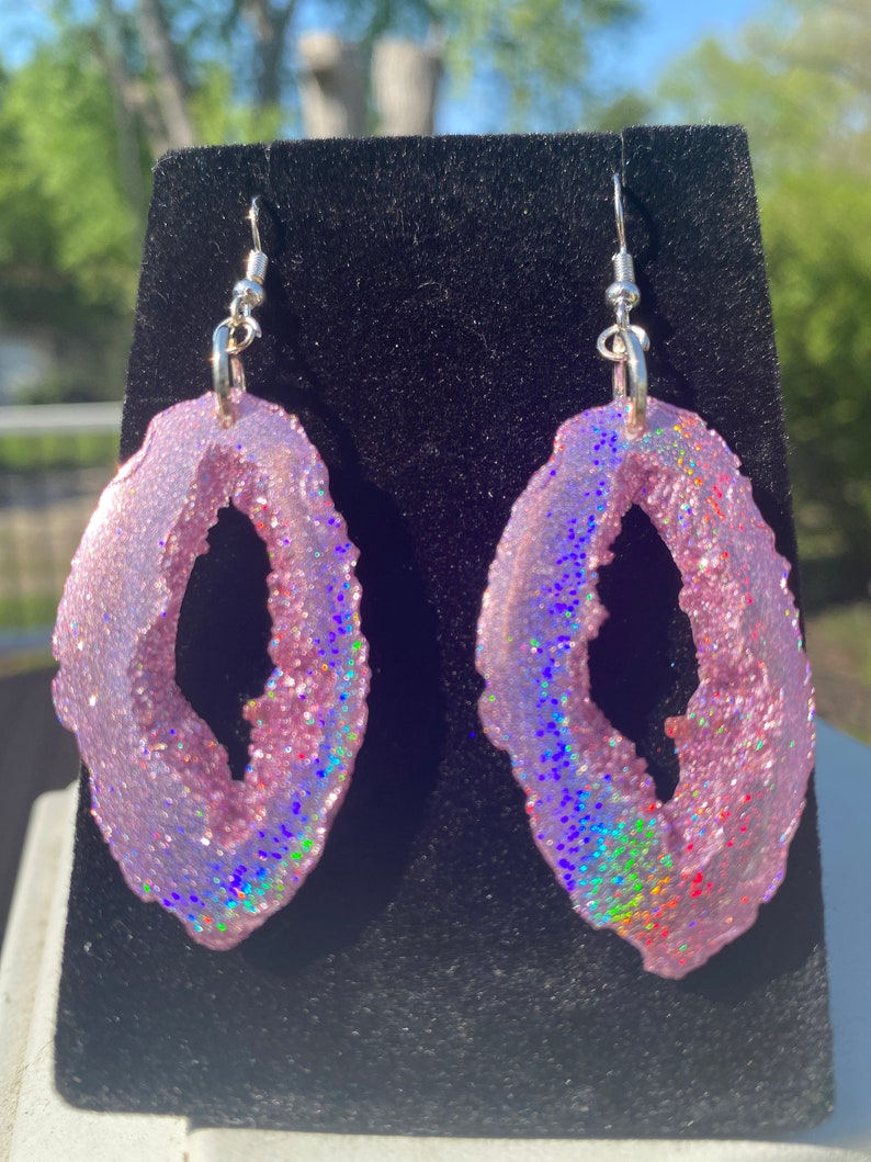 Pink Holographic Geode Earrings/Agate Geo Druzy Lightweight Statement Dangle Iridescent Rainbow Sparkle Handmade Unique Boho Festival image 5