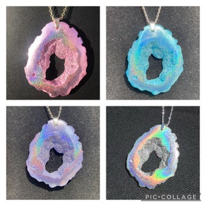 Holographic Geode Inspired Pendant/Agate Geo Druzy Statement Jewelry/Iridescent Intense Rainbow Sparkle/Unique Festival Boho Handmade Resin