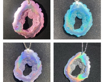 Holographic Resin Geode Pendant: Iridescent Rainbow Druzy Jewelry