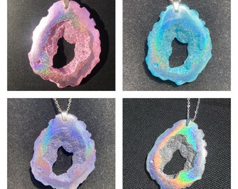 Holographic Geode Inspired Pendant/Agate Geo Druzy Statement Jewelry/Iridescent Intense Rainbow Sparkle/Unique Festival Boho Handmade Resin