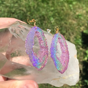 Pink Holographic Geode Earrings/Agate Geo Druzy Lightweight Statement Dangle Iridescent Rainbow Sparkle Handmade Unique Boho Festival image 3