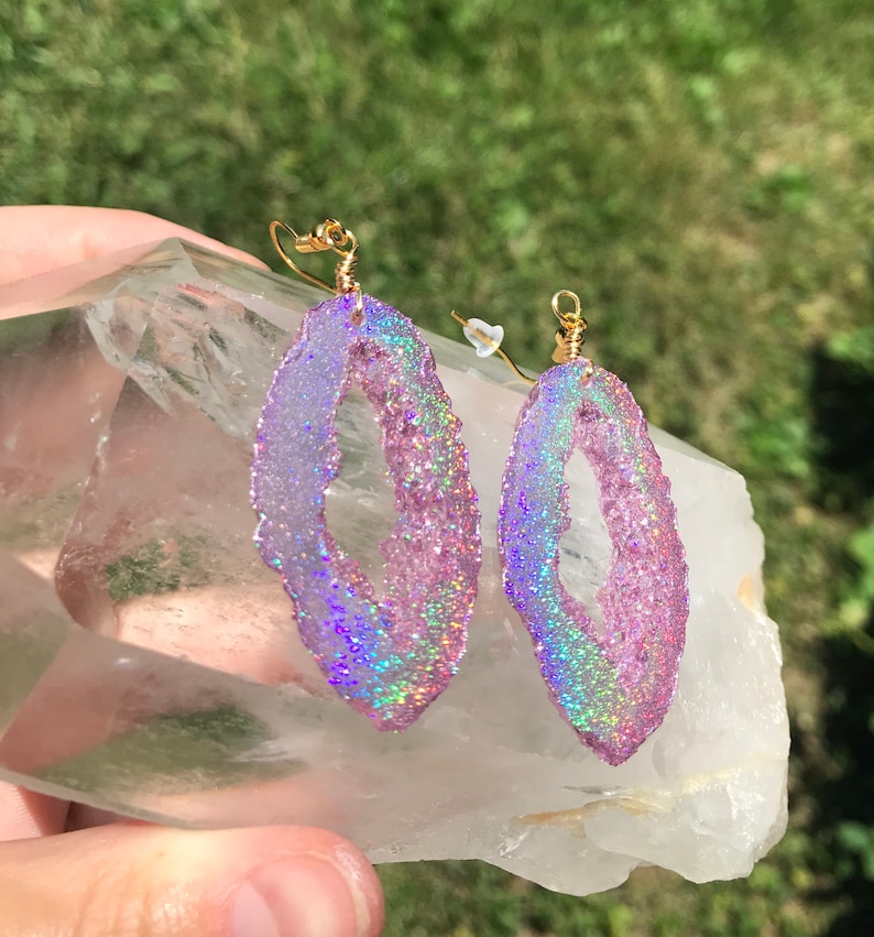 Pink Holographic Geode Earrings/Agate Geo Druzy Lightweight Statement Dangle Iridescent Rainbow Sparkle Handmade Unique Boho Festival image 3