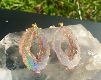 Gold Holographic Geode Earrings/Agate Geo Druzy Lightweight Statement Dangle Iridescent Rainbow Sparkle Handmade Unique Boho Festival