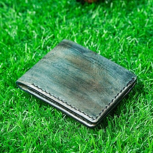 Cartera de cuero hecha a mano, cartera de cuero de grano completo, cartera de cuero de dos pliegues, cartera de cuero curtido vegetal hecha a mano, cuero minimalista