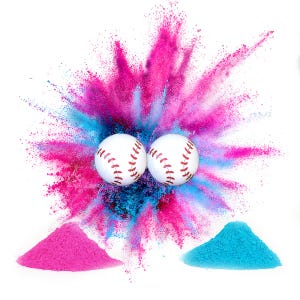 May include: Two white baseballs with red stitching are surrounded by a pink and blue powder explosion. The powder is in two piles, one pink and one blue.