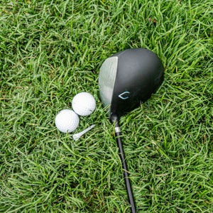 May include: A black golf club with a white golf tee and two white golf balls on green grass.