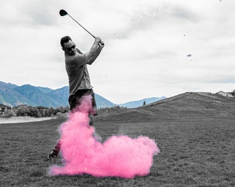 Golf Ball Gender Reveal with Tee, Blue/Pink Holi Powder