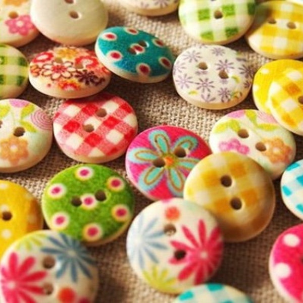 floral buttons, wood buttons 24 flower,  2 Hole Buttons/15mm buttons, Round mixed multicolour wood fasteners, Bohemian boho style