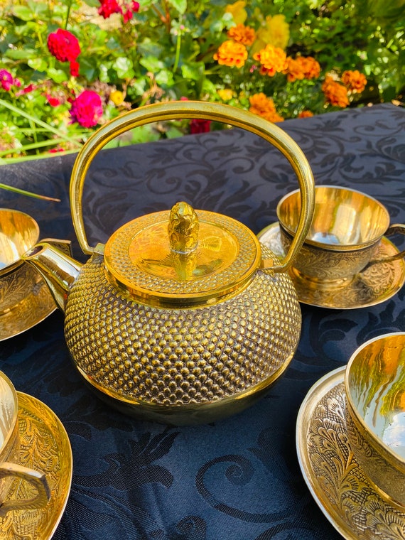 Tea Set Four Cup and Saucers Brass Tea Cup Set Authentic Tea Serving Set  hand Engraved Polished &etched kitchen Decor Vintage Tea Set 