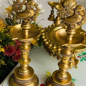 12 inch Brass Annapakshie Kutthu Villakku / Traditional Oil Lamp (Set of 2, Brass Lamp, pooja lamp /Brass Diya/Brass Vilakku