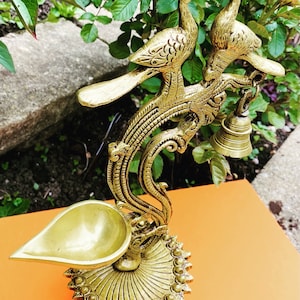 Antique Ethnic Carved Twin Peacock Over Brass Diya, Indian Decor Diya, Brass oil Lamp,Brass Decorative Diyas, Indian Houseware