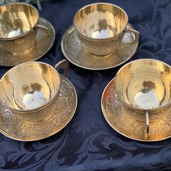 Tea Set One Cup and Saucer Brass Tea Cup Set Authentic Tea Serving Set hand  Engraved Polished &etched kitchen Decor 
