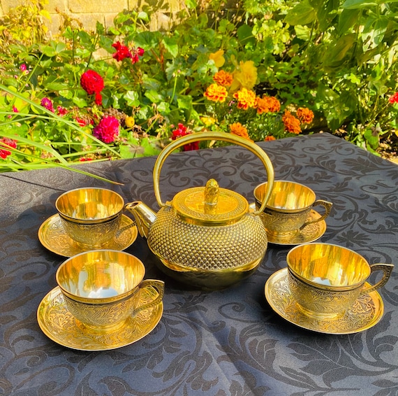 Tea Set Four Cup and Saucers Brass Tea Cup Set Authentic Tea