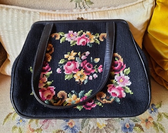 Bag*Vintage*Gobelin*petitpoint*black*floral*