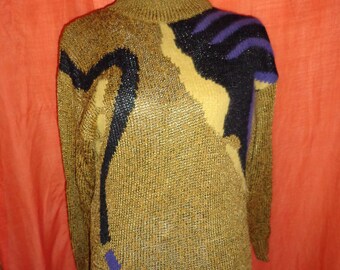 Maglione*Vintage*Anni '80*Ottanta*Oro*Nero*Viola