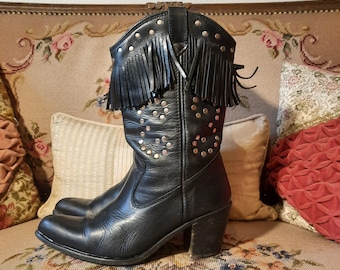 Stivali*Vintage*Stivali da cowboy*Stivali*neri*Frange*39*38